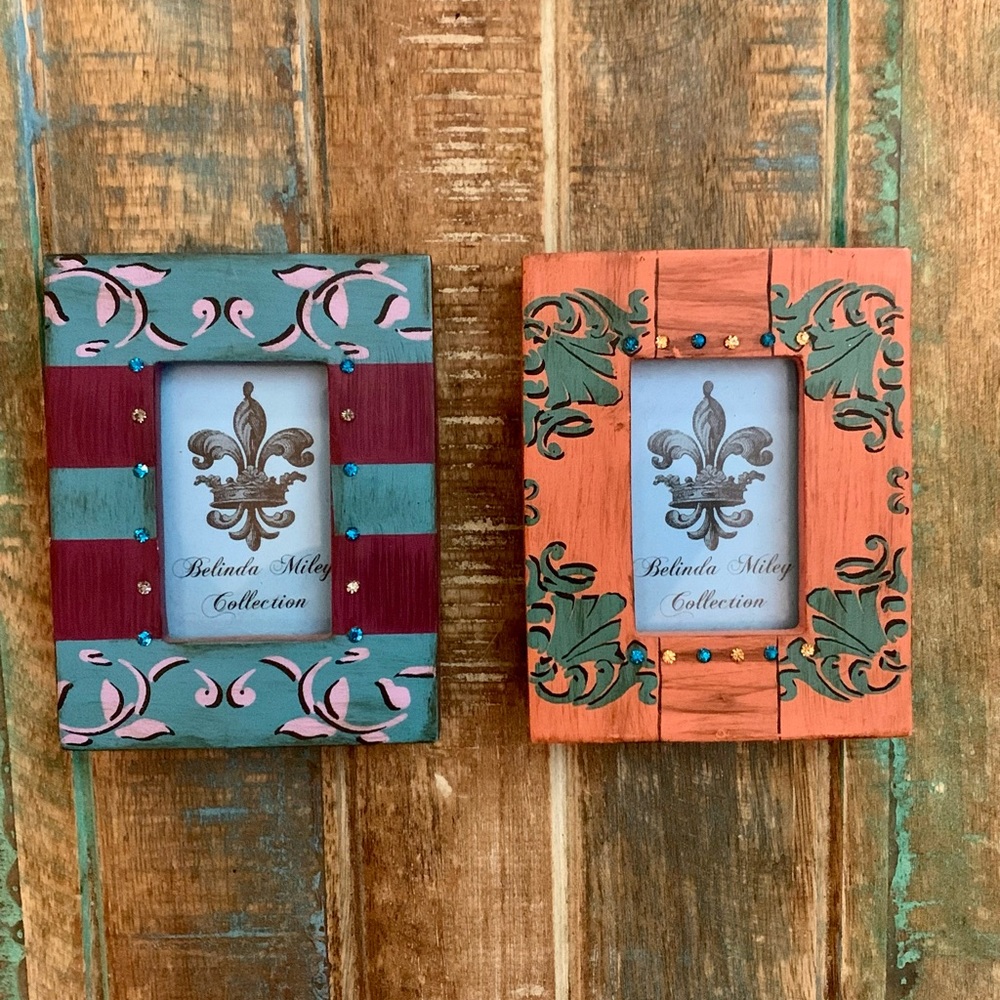Vintage Boho Picture Frames Pair & Gift Box  Rhinestones Embellished Mid-Century